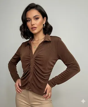 JUST POLLY NWT Chocolate Brown Ruched Front Long Sleeve Top Size L‎ thumbnail 1
