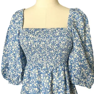 Tuckernuck Blue White Floral Smocked Puff Sleeve Linen Blend Mini Dress Small thumbnail 3