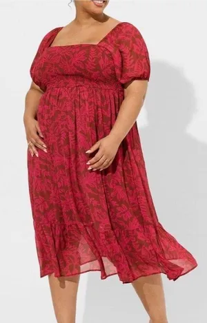 Torrid Midi Dress 1X Smocked Square Neck Chiffon Wedding Guest Flowy Pink Modest thumbnail 1