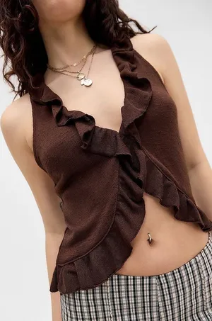 Kimchi Blue UO Womens Brown Trim Boho Fairycore Solise Ruffle Knit Tank Top S thumbnail 1