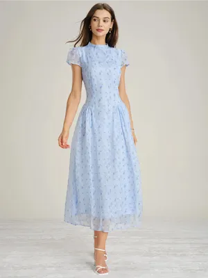 Rihoas Blue Mock Neck Floral Chiffon Maxi Dress thumbnail 2
