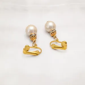 Vintage Clip On Earrings Rich Gold Tone Clear Gems, Faux Pearl Dangle Drop thumbnail 5