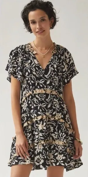 Anthropologie Black Floral Mini Dress with Beige Trim thumbnail 1