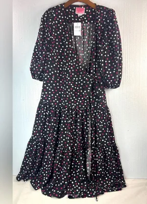 Kate Spade L Drop Waist Wrap Black and Pink Polka Dot Dress thumbnail 2