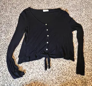 Ivoire Womens Black Ribbed Long‎ Sleeve Tie Front Cropped Button Up Top Size L thumbnail 1