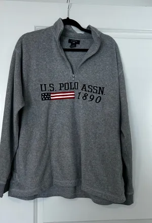 Grey vintage U.S. Polo Assn. quarter zip sweatshirt fleece in large Preloved Has holes for drawstring but doesn’t come with one thumbnail 1