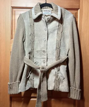California vintage VTG 70s Women's Suede Leather Belt Knit Cardigan Sweater Jacket Beige Size Small thumbnail 1
