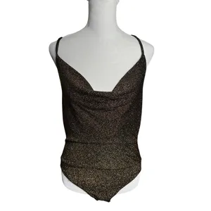 Forever 21 Metallic Bodysuit L Black Bronze Shimmer Cowl Neck NWT thumbnail 2