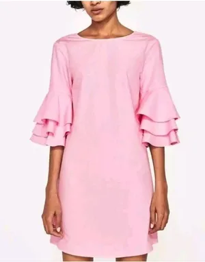 Zara Light Pink Ruffle Bell Sleeve Shift Mini Dress Size: XS thumbnail 1