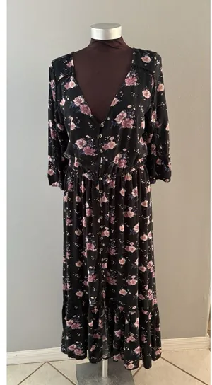 American Eagle Floral Maxi Dress Size L Black Cottage Prairie Country Hi Low thumbnail 1