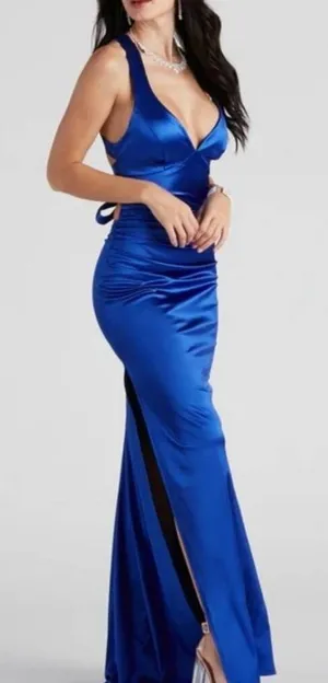 B Darlin Open Back Satin Royal Blue Size 5 Side Slit Maxi Dress NEW‎ thumbnail 1
