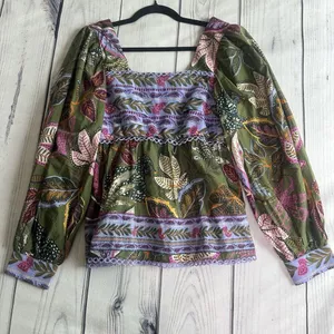 Farm Rio Blouse Top XS Green Jungle Fairy Boho Botanical Tropical‎ Praire Resort thumbnail 15