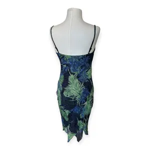 Vintage 90s Y2K Eva Blue Beaded Tropical Print Slip Dress S Fairycore Coquette thumbnail 7