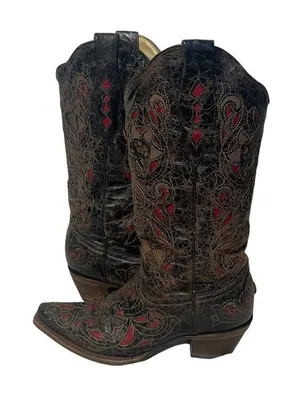 CORRAL Black Crackle Red Inlay Snip Toe Western Cowboy Boots Size 8M A1951 thumbnail 1