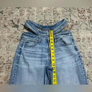 American Eagle Strigid Super Hi rise Baggy Straight Jeans 4 short cut out double waist thumbnail 5