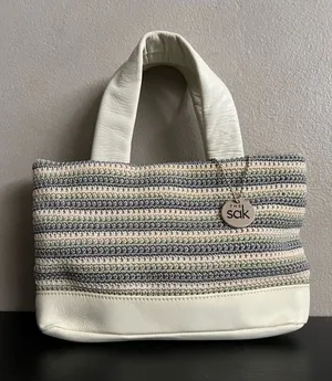 The Sak White Gray Seafoam Striped Crochet Tote Bag Leather Trim Mini Tote Purse thumbnail 1