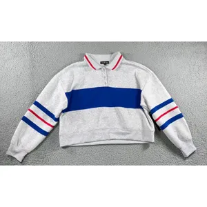 Rugby Polo Sweatshirt Women 1X Gray Blue Red Stripe Cropped L/S Soft‎ Sporty thumbnail 2