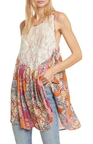 NEW Free People Women's Size XS Count‎ Me In Trapeze Tank Top Pink Lace Yoke thumbnail 1