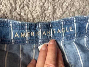 American Eagle Striped Paper Bag Shorts Blue White Tie Waist Size 8 thumbnail 6