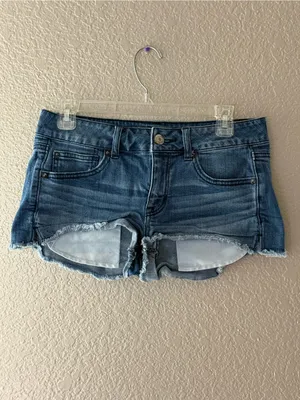 American Eagle Shortie Denim Shorts Sz 10 Low Rise Y2K Distressed Cutoff Raw thumbnail 4