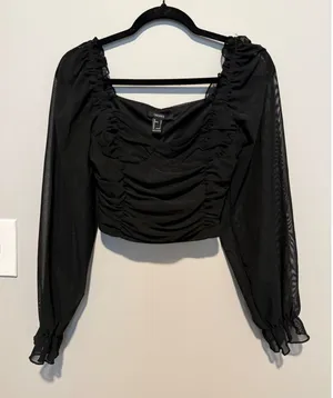 Forever 21 Black Mesh Ruched Long Sleeve Crop Top Blouse Square Neck Large thumbnail 1