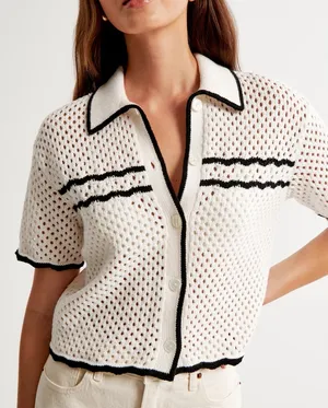 Abercrombie & Fitch women's crochet style button up polo size large thumbnail 1