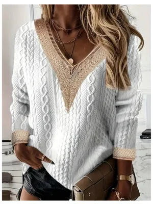 V-Neck White Cable Knit Sweater with Beige Contrast Trim thumbnail 10