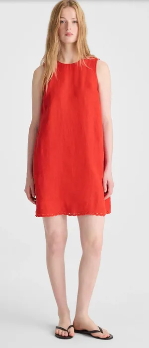 Madewell Mini Shift Dress in 100% Linen A Line Embroidered Hem Wild Poppy M thumbnail 1