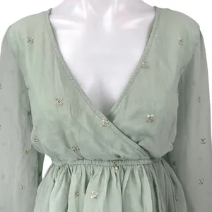 Lulus Green Long Sleeve Embellished Faux Wrap V Neck Peplum Blouse Top Size M thumbnail 3