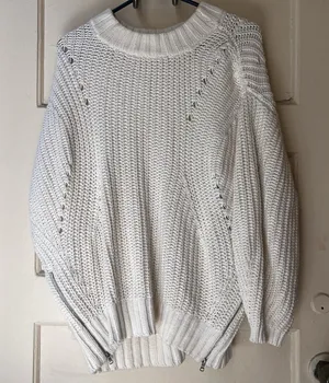7 For All Mankind Chunky Sweater Sz XL Minimal White Zippers Boho Coastal Summer thumbnail 1