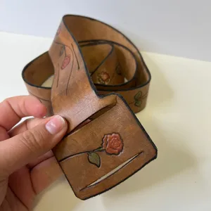 Vintage Hand Tooled Leather Rose Floral Belt Tan Brown Boho Western 44 Inch thumbnail 2