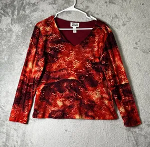 Vintage Y2k Velvet Floral Mesh Top Boho VNeck Long Sleeve Red Orange Medium thumbnail 1