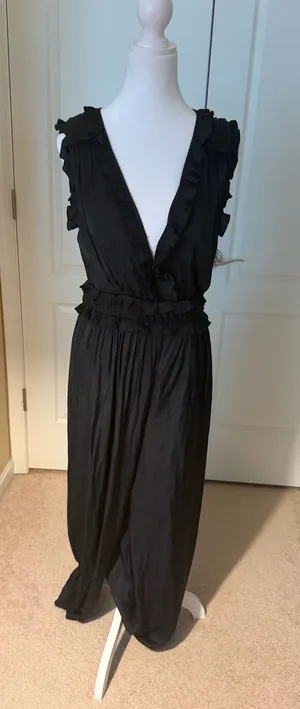 Black Ruffled V-Neck Women’s Satin Jumpsuit deep neckline thumbnail 1