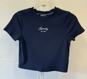 Superdry Ribbed Graphic Embroidered Script Logo Baby Tee Crop Top US 6 Navy thumbnail 1