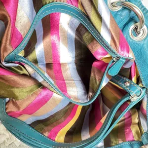 Tignanello Teal Blue Leather Tote Bag Satchel Striped Satin Lining Boho Slouchy thumbnail 8