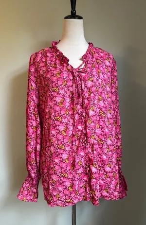 Pink Floral Tie Neck Ruffle Blouse Long Sleeve Top XL fairy boho whimsi dainty thumbnail 1