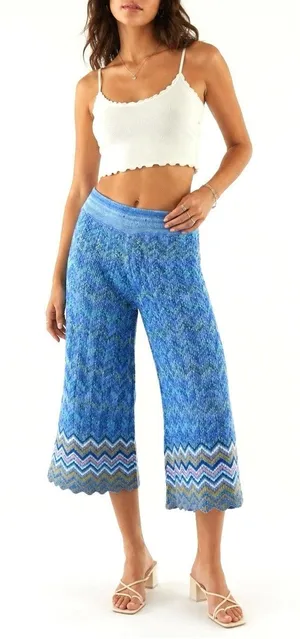 Urban Outfitters Ecote Boho Wide Leg Chevron Crop Knit Pants Blue Size X-Small thumbnail 1