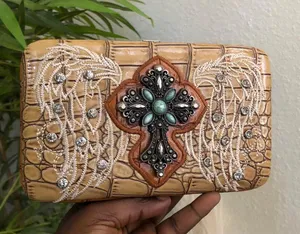 Western Boho Hippie Indie Tan cream western large beaded clutch bag purse wallet rhinestones angel wings dedazzled embellished silver tone Measurements in pics thumbnail 3