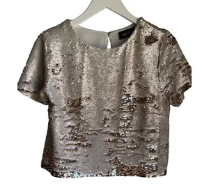 Fabrik Champagne Rose Gold Sequin Top Small Short Sleeve Party Holiday thumbnail 1