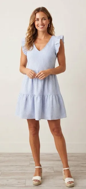 Duffield Lane Blue White Stripe Seersucker Ruffle Tiered Mini Dress Size Small S thumbnail 1