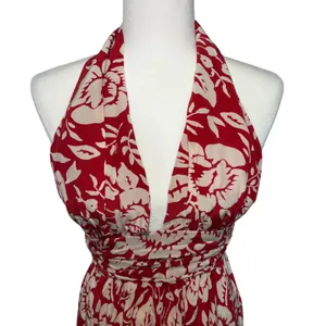 Y2K Moda Red Floral 100% Silk Halter‎ Dress Ruched Waist Size 4 Romantic flowy thumbnail 2