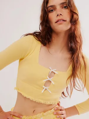 Free People Mellow Yellow Cropped Dancing Queen Bow Cutout Top - Size - Large thumbnail 1