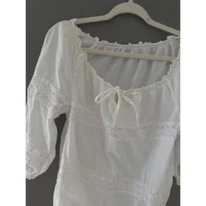 Cottage Peasant White Cotton Crochet Lace Peasant Blouse Off Shoulder Boho Top thumbnail 2