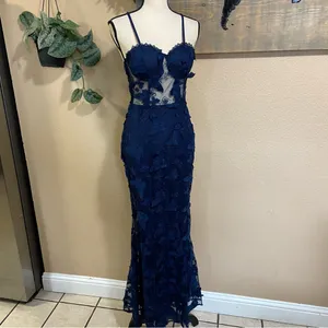 NWOT Navy Blue 3D Floral Appliqué Sheer Panel Gown Size Small thumbnail 7