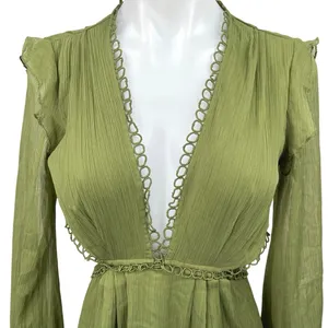 ASOS Design Green V-Neck Cutout Back Long Sleeve Ruffle Mini Fit & Flare Dress 6 thumbnail 3