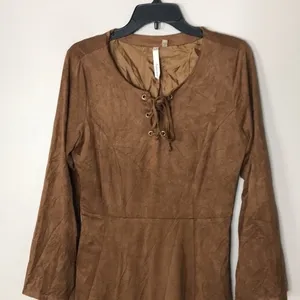 NY‎ collection baby doll dress brown suede long sleeve dress size medium thumbnail 3