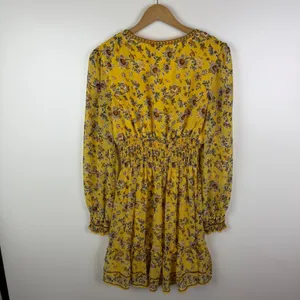 Max Studio Yellow Floral Smocked V-Neck‎ Mini Dress Cottage Boho Feminine Spring thumbnail 7