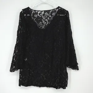 Black Floral Lace Ruffle V-Neck Bell Sleeve Blouse Top Victorian Fairy‎ Made USA thumbnail 2