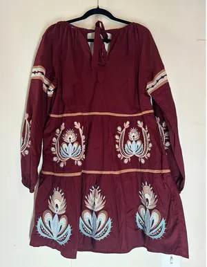 Letube Anthropologie Burgundy Embroidered Boho Mini Dress Long Sleeve Large NEW thumbnail 1