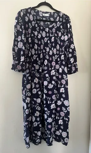 Croft & Barrow Navy Blue Lavender Floral Smocked Square Neck Peasant Midi Dress XL Cottagecore thumbnail 1